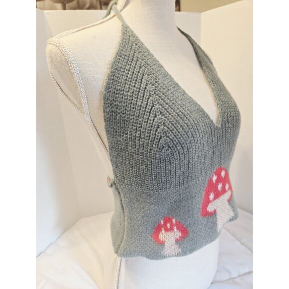 Halter Crop Top Knit XL Black Red Stretch Backless Mushroom Logo Retro Y2k - Picture 2 of 6